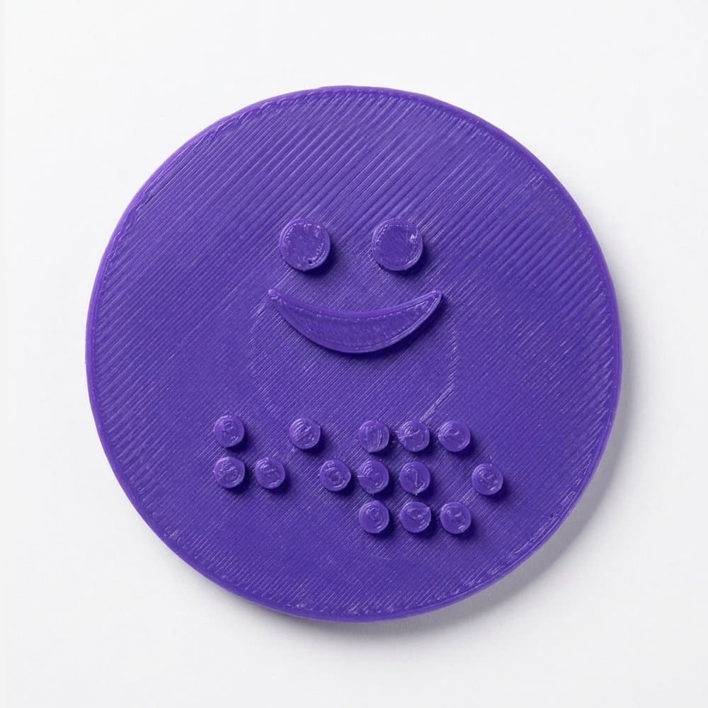 The purple circular cap up close, with a raised smiling face and the Braille for “hello” below it.