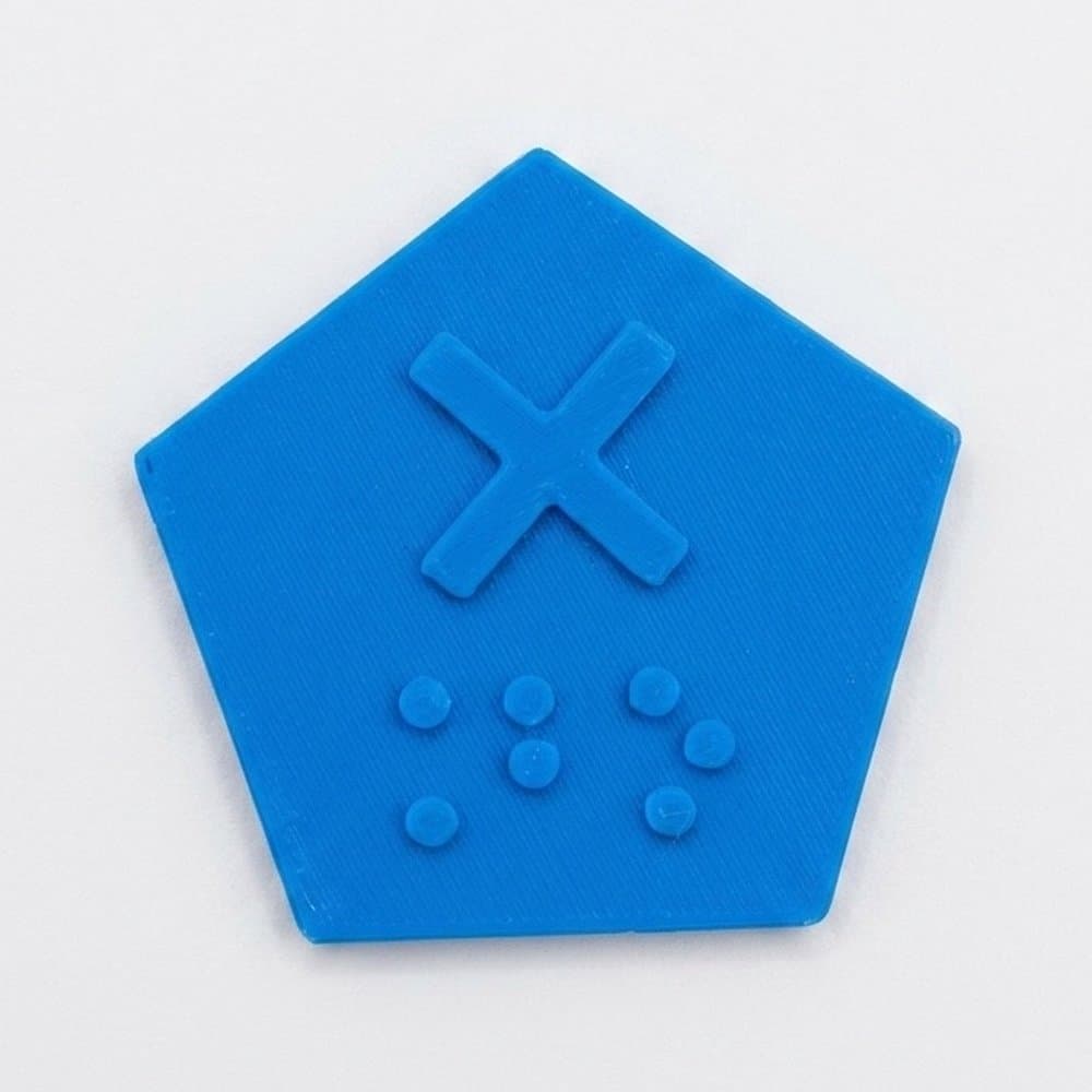 The blue pentagonal cap up close, with a raised cross and the Braille for “no” below it.