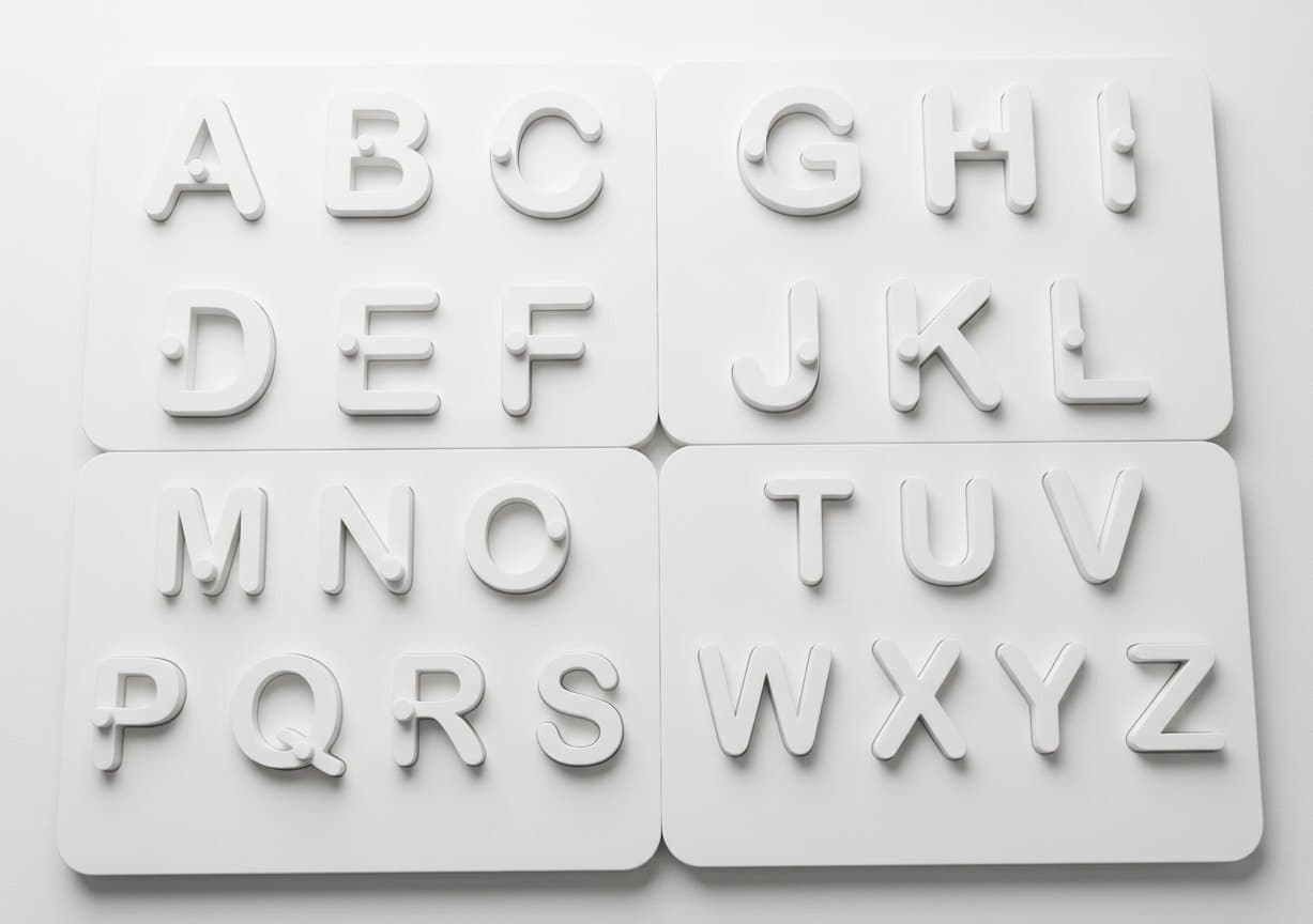 All four puzzle boards laid out together with the full alphabet in place — A to F, G to L, M to S, and T to Z — each raised white letter seated in its matching recess with a small round peg on top for gripping.