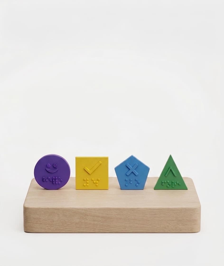 Four button caps standing on a wooden block: a purple circle with a smiling face, a yellow square with a tick, a blue pentagon with a cross, and a green triangle with an upward chevron. Each has raised Braille beneath its symbol.
