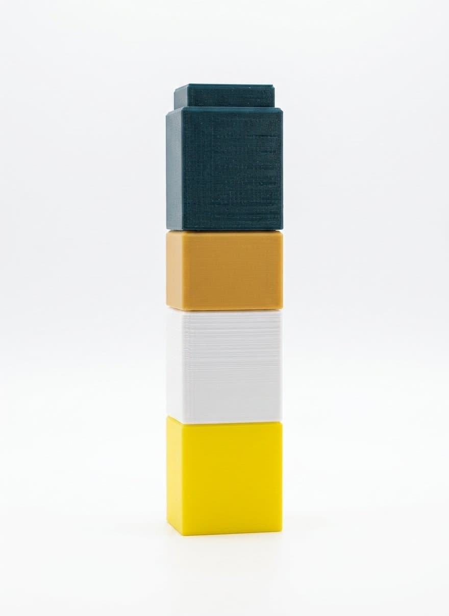 The same four cubes stacked into a tower, with the connecting stud visible on top of the uppermost cube.