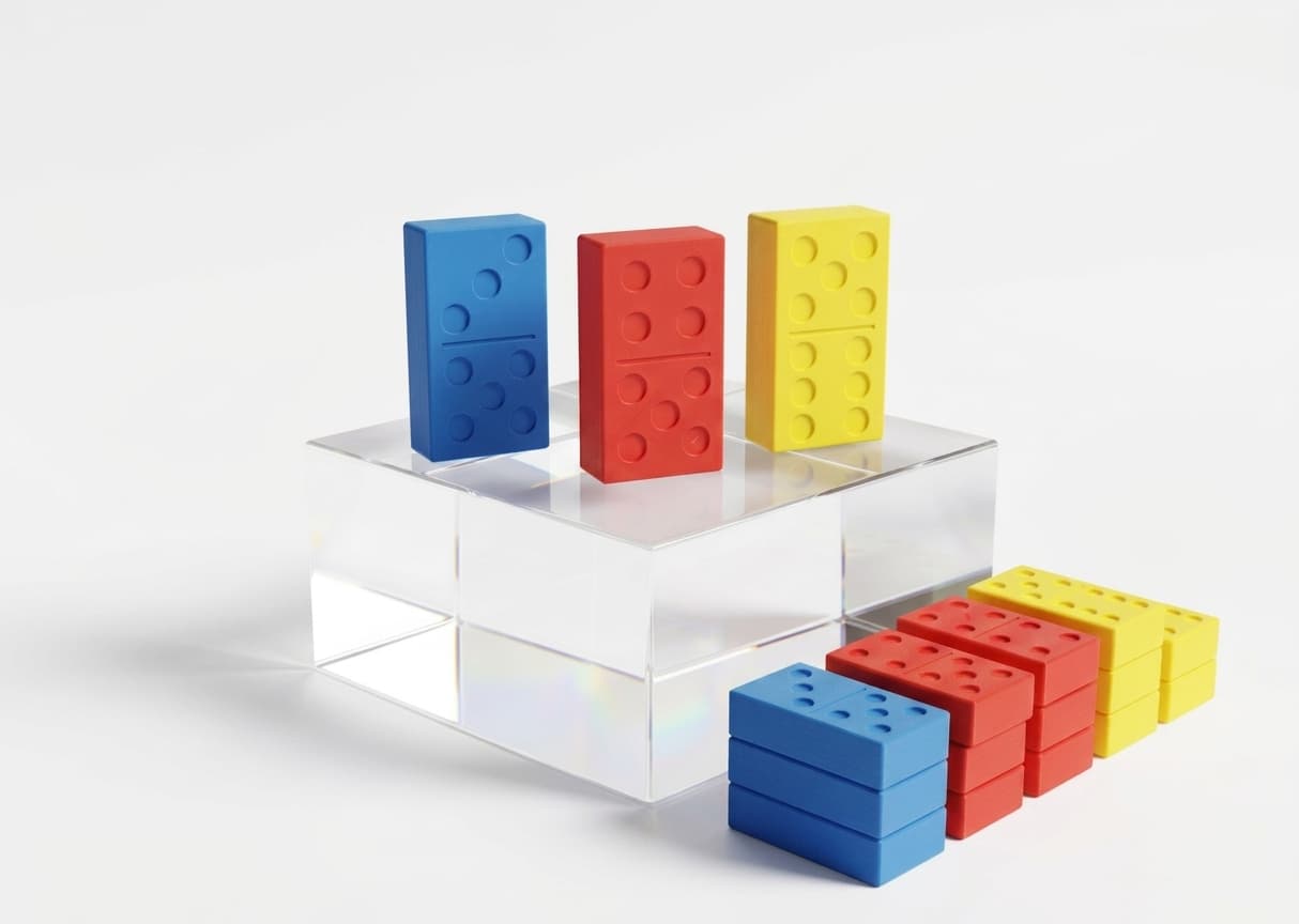 Blue, red and yellow dominoes standing upright on a clear acrylic block, with short stacks of the same three colours beside it.