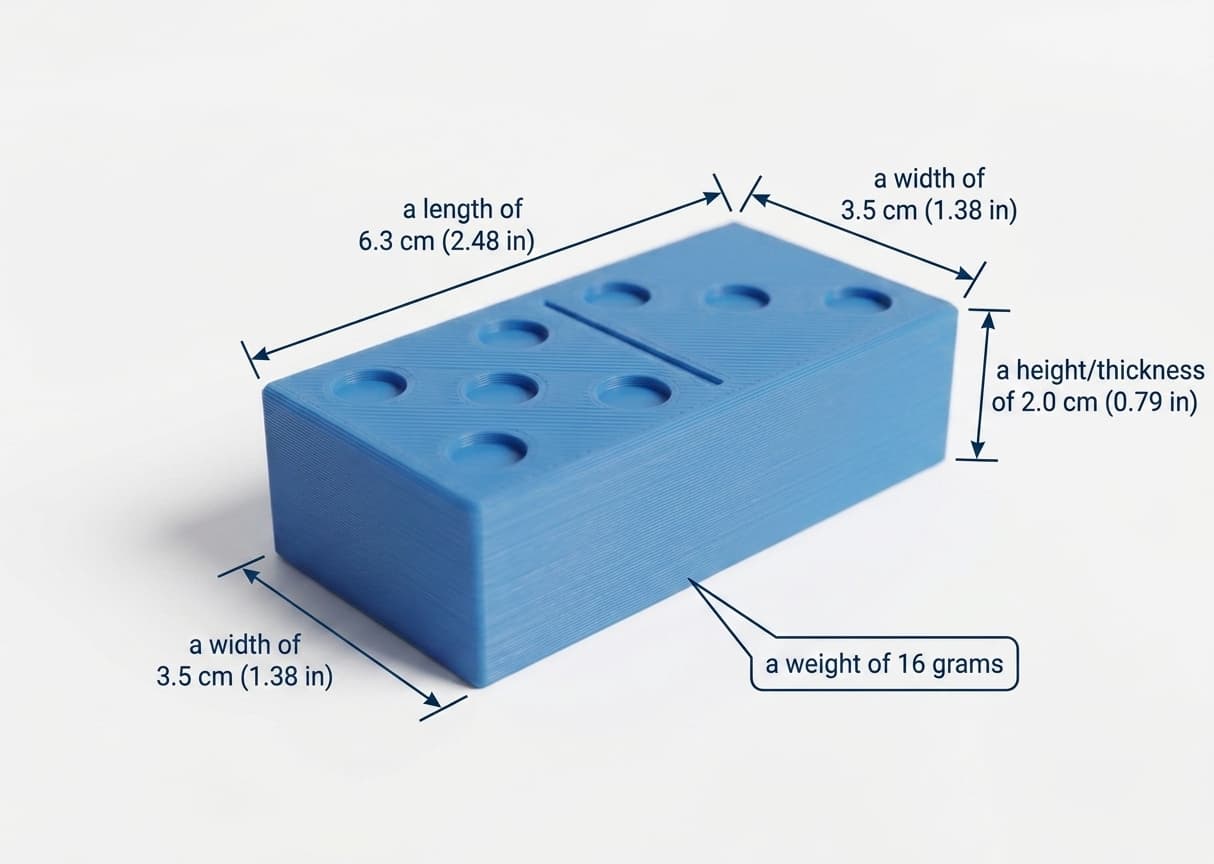 A single blue domino labelled with its measurements: a length of 6.3 cm (2.48 in), a width of 3.5 cm (1.38 in), a height of 2.0 cm (0.79 in), and a weight of 16 grams.