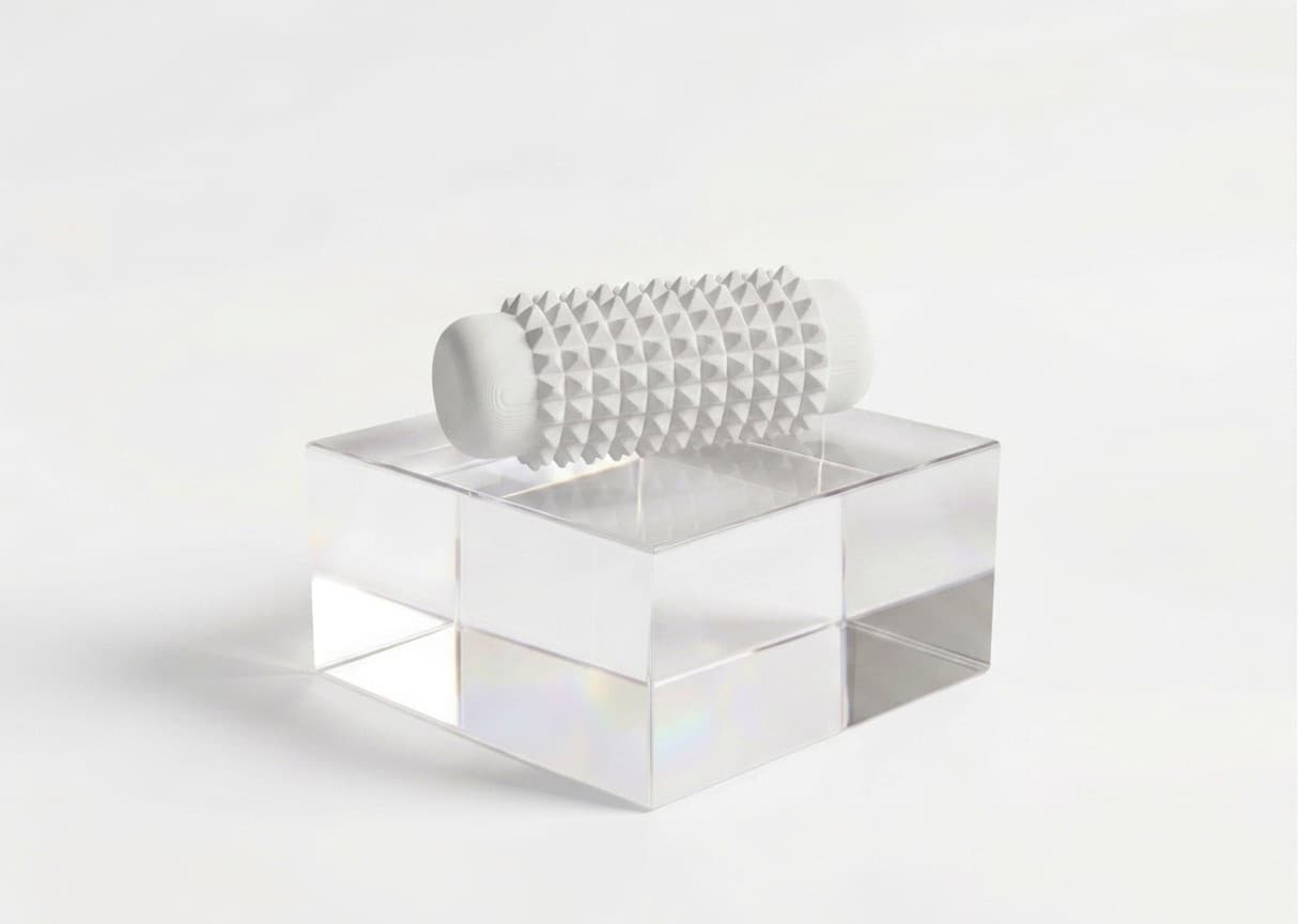 A white 3D printed sensory roller lying on its side on a clear acrylic block, its barrel covered in dense rows of small cone-shaped studs with smooth rounded end caps.